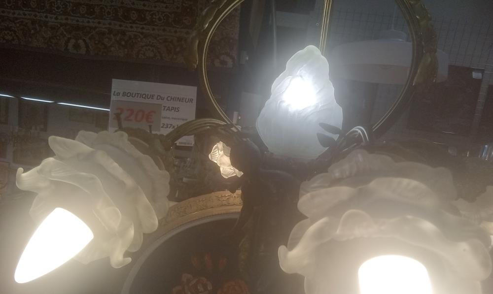 LUSTRE BRONZE LES 3 GRACES 7 BRANCHES GLBES VERRE