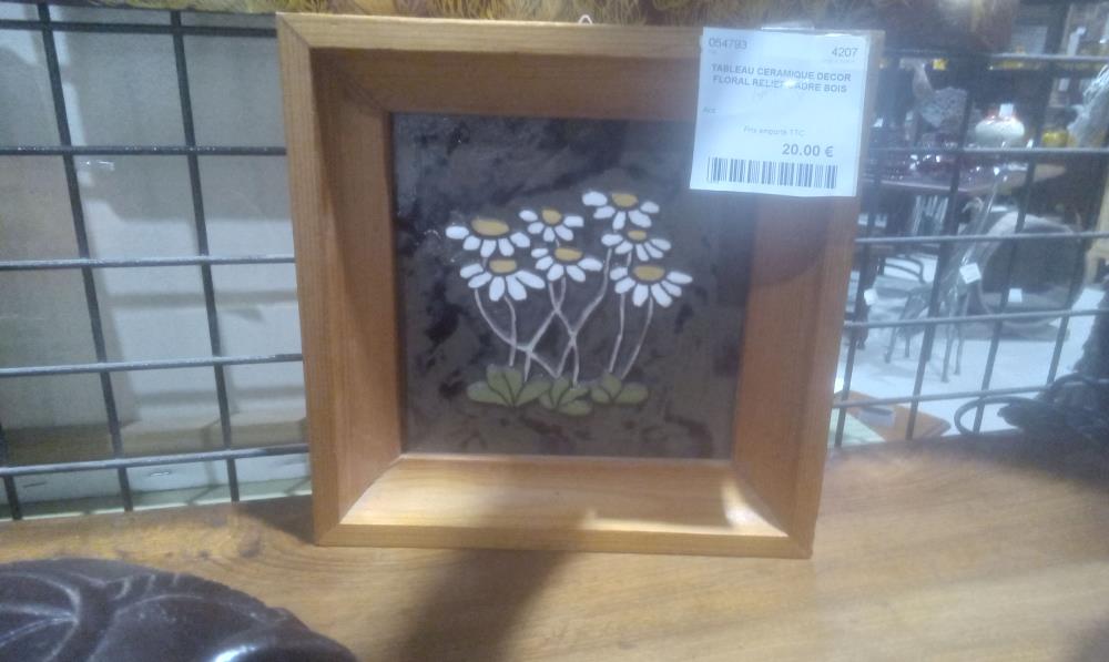 TABLEAU CERAMIQUE DECOR FLORAL RELIEF CADRE BOIS