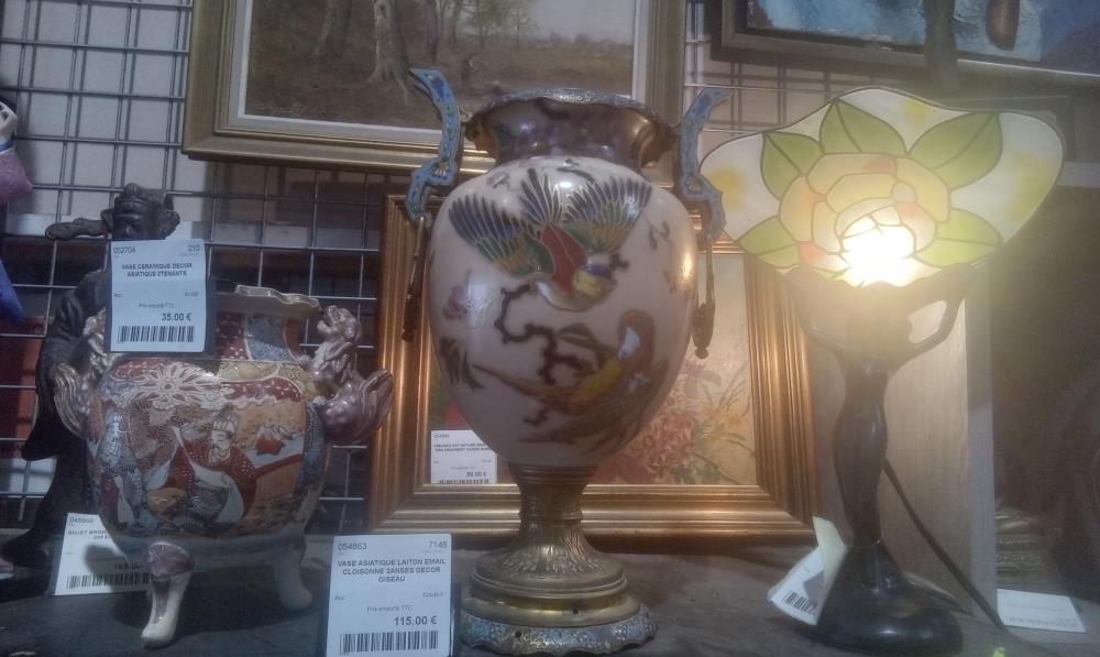VASE ASIATIQUE LAITON EMAIL CLOISONNE 2ANSES DECOR OISEAU