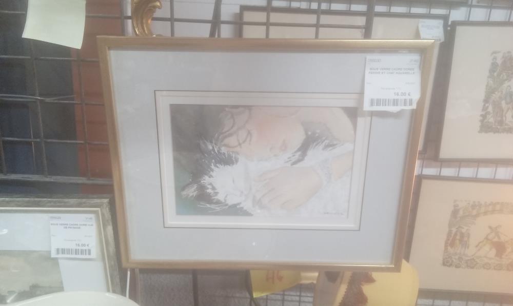 SOUS VERRE CADRE DOREE FEMME ET CHAT AQUARELLE