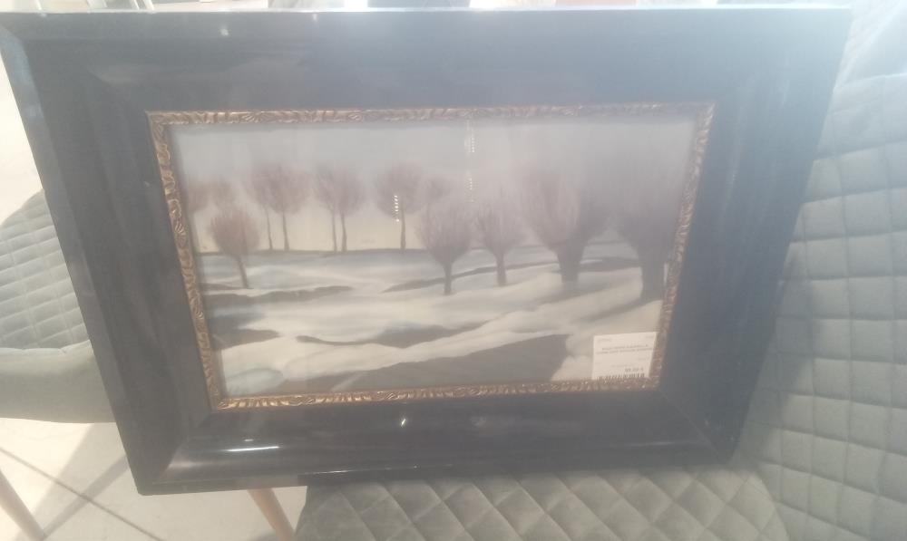 SOUS VERRE AQUARELLE CADRE NOIR PAYSAGE ENNEIGE