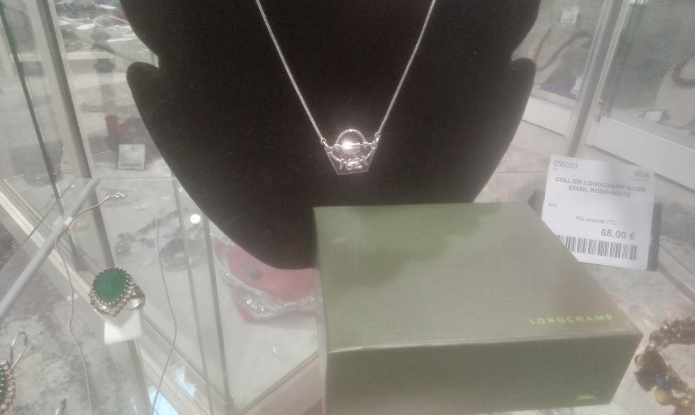 COLLIER LONGCHAMP ACIER EMAIL ROSE+BOITE