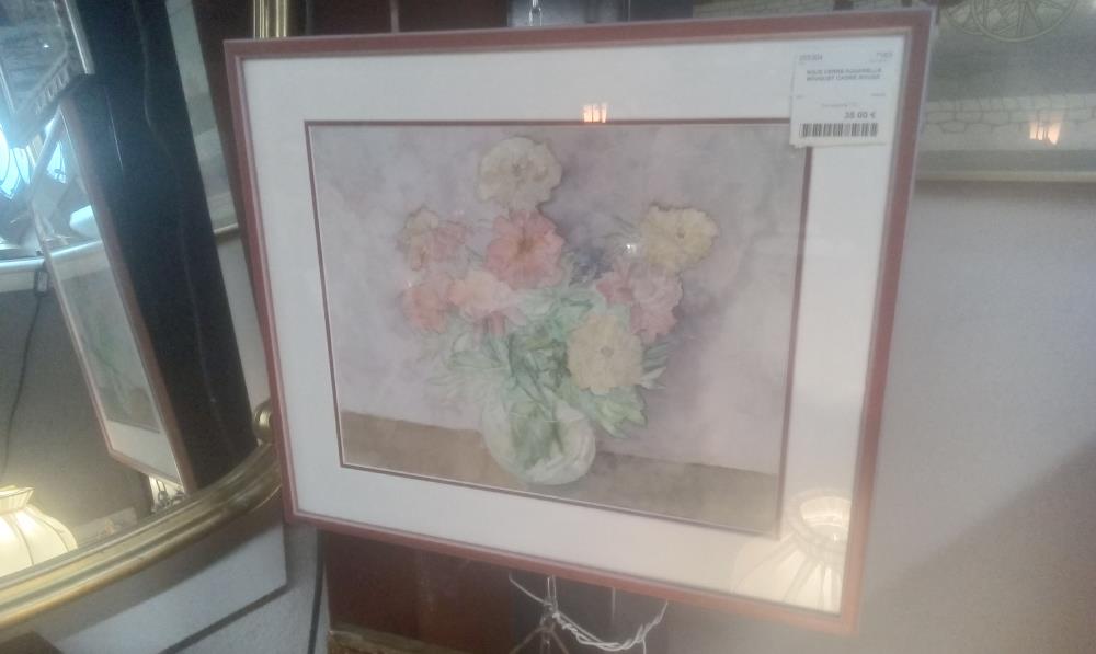 SOUS VERRE AQUARELLE BOUQUET CADRE ROUGE