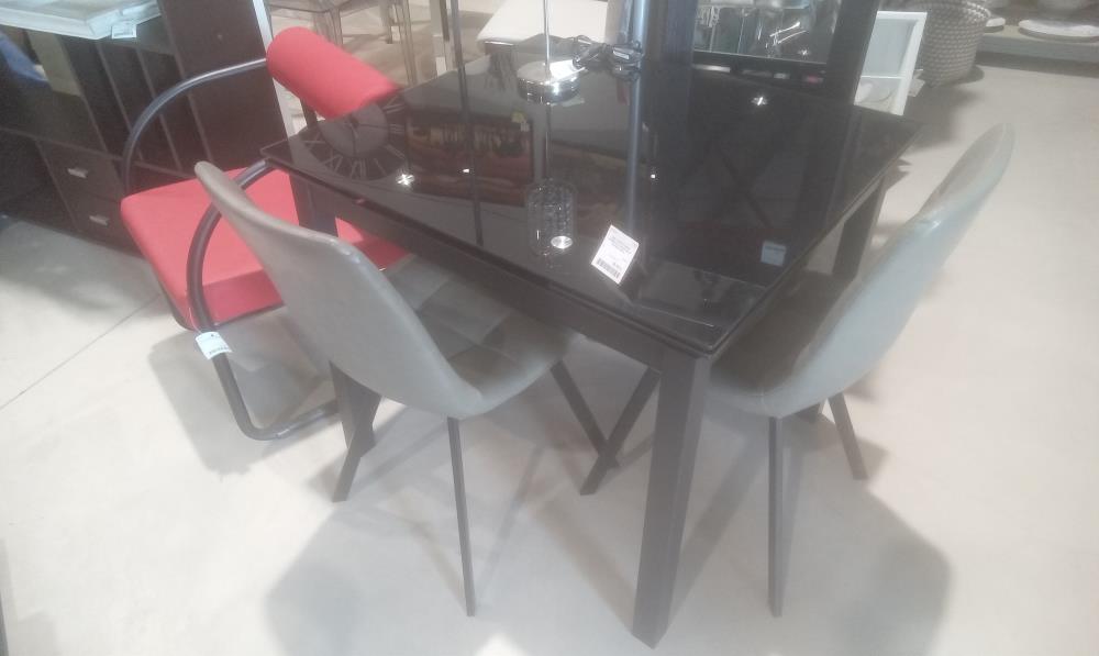 TABLE DESIGN VERRE FUMEE+2ALLONGES DE 25 CM+PIED METAL