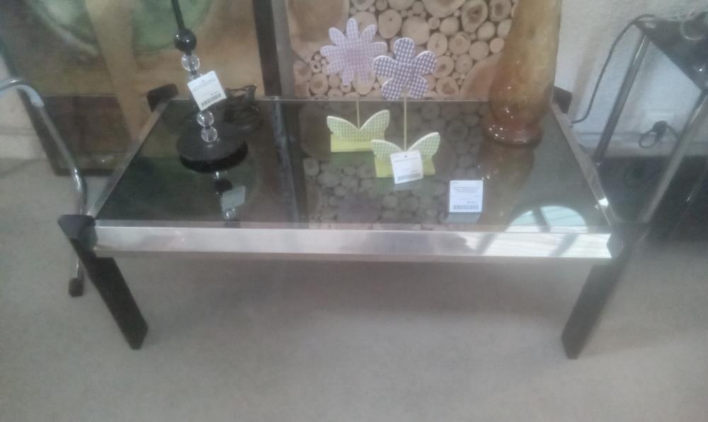 TABLE BASSE DESIGN ALU ET METAL +VERRE FUME EN L'ETAT ROCHEBOBOIS