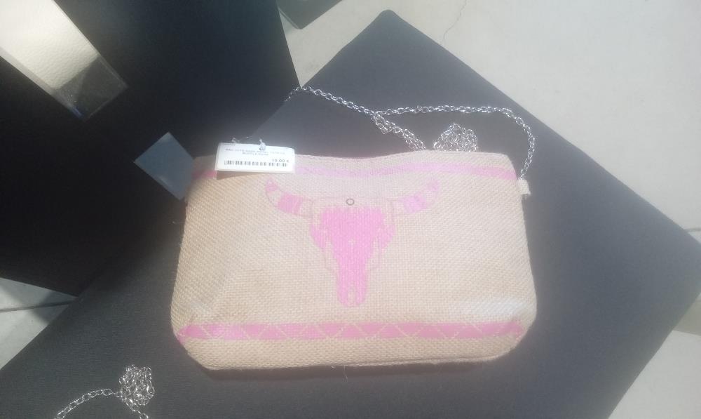 SAC JUTE ANSE METAL TETE DE BUFFLE ROSE