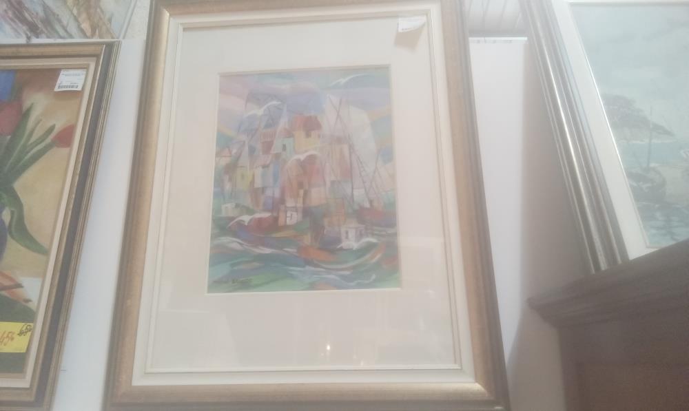 SOUS VERRE AQUARELLE MARINE SBG MICHEL BEAUDE CADRE DORE