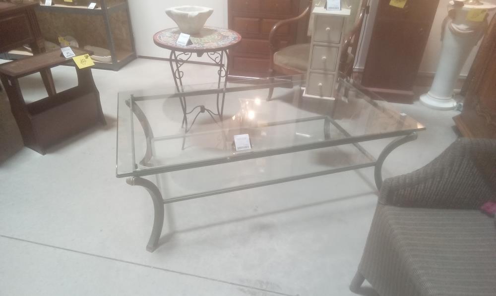 TABLE BASSE 2 PLATEAUX VERRE ET PIED METAL