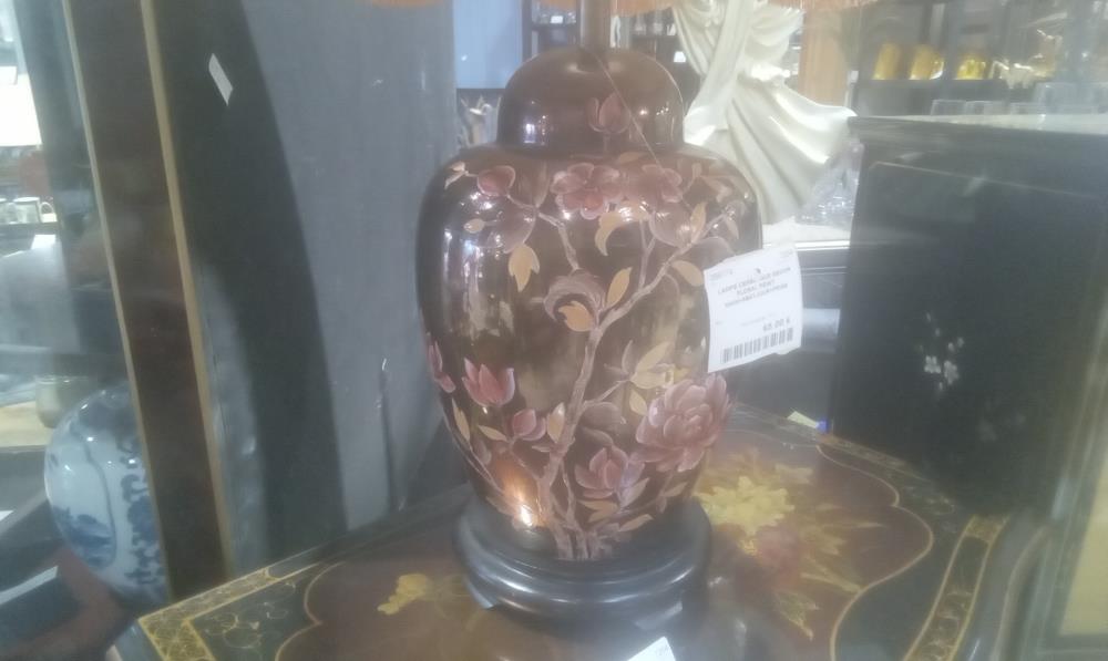 LAMPE CERAMIQUE DECOR FLORAL PEINT MAIN+ABATJOUR+FRISE FLORALE