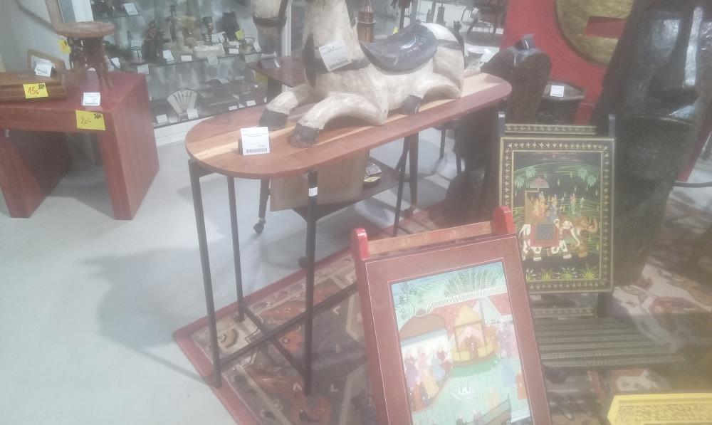 CONSOLE PIED METAL PLATEAU BOIS EXOTIQUE