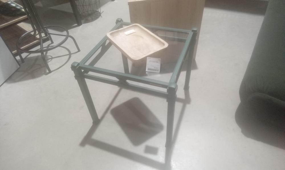 TABLE BASSE METAL VERT+PLATEAU VERRE