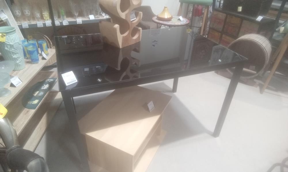 TABLE PIED METAL+PLATEAU VERRE NOIR