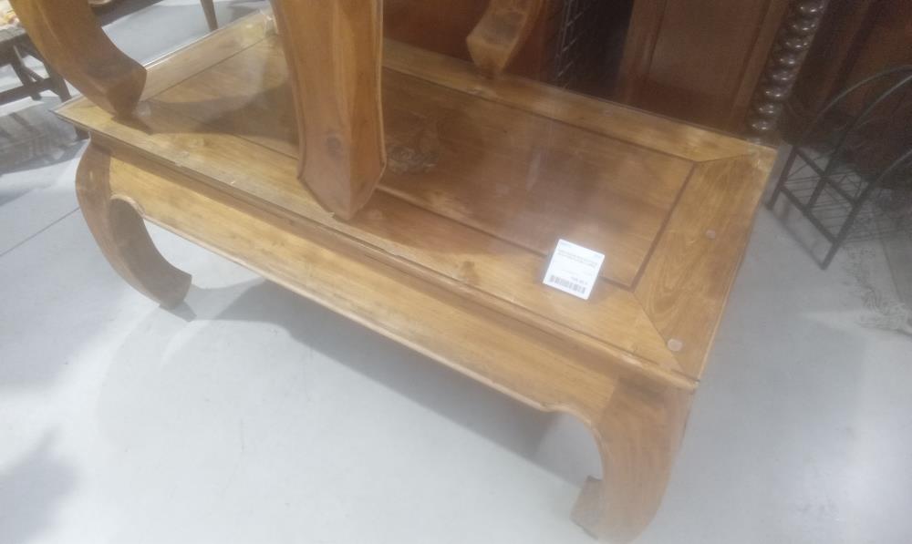 TABLE BASSE BOIS EXOTIQUE SCULPTEE+PLATEAU VERRE