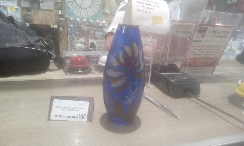 VASE VERRE BLEU PEINT MAIN DECOR FLORAL PM