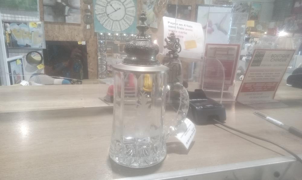 CHOPE A BIERE VERRE ET ETAIN  GRAVE CANARD