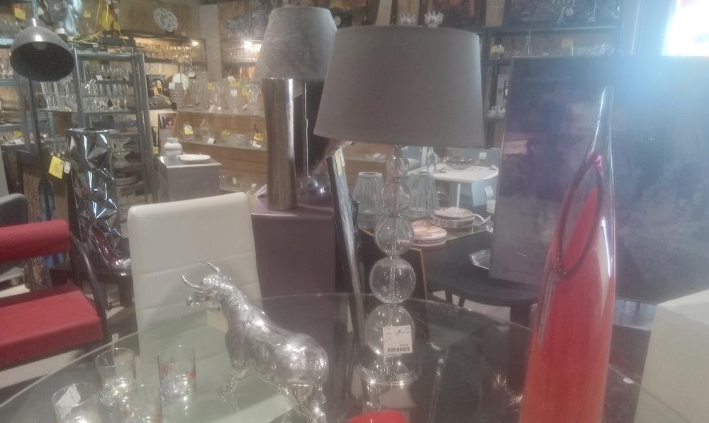 LAMPE PIED VERRE+ABATJOUR GRIS