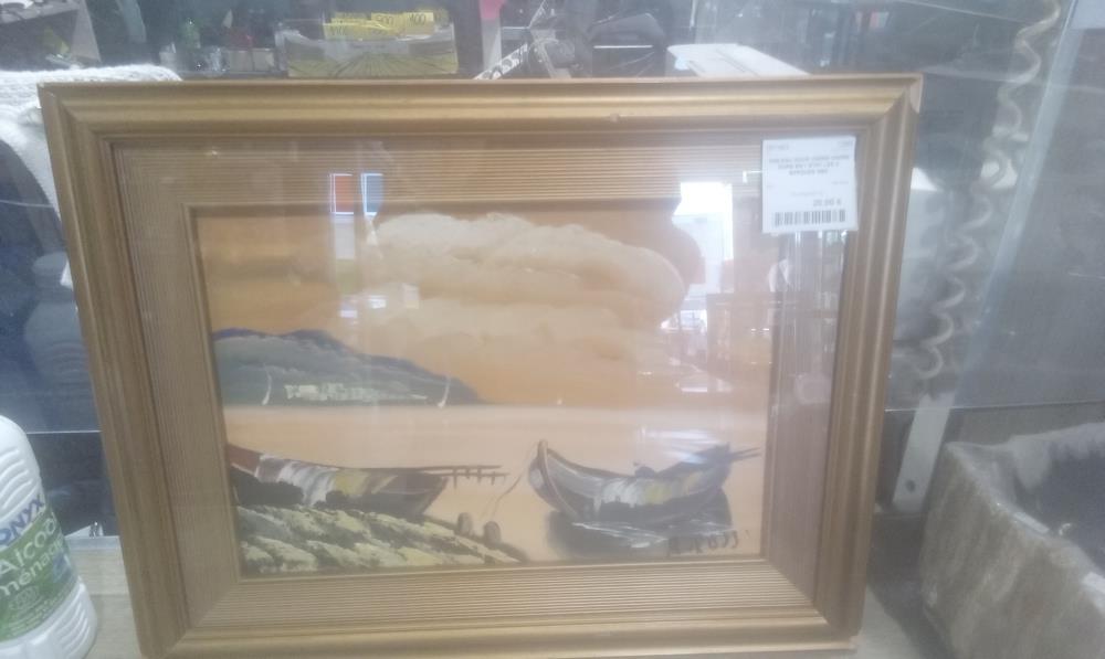 TABLEAU SOUS VERRE CADRE DORE EN L'ETAT LES 2 BARQUES SBD
