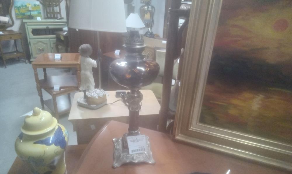 PIED DE LAMPE A PETROLE MARBRE ET METAL SANS VERRE