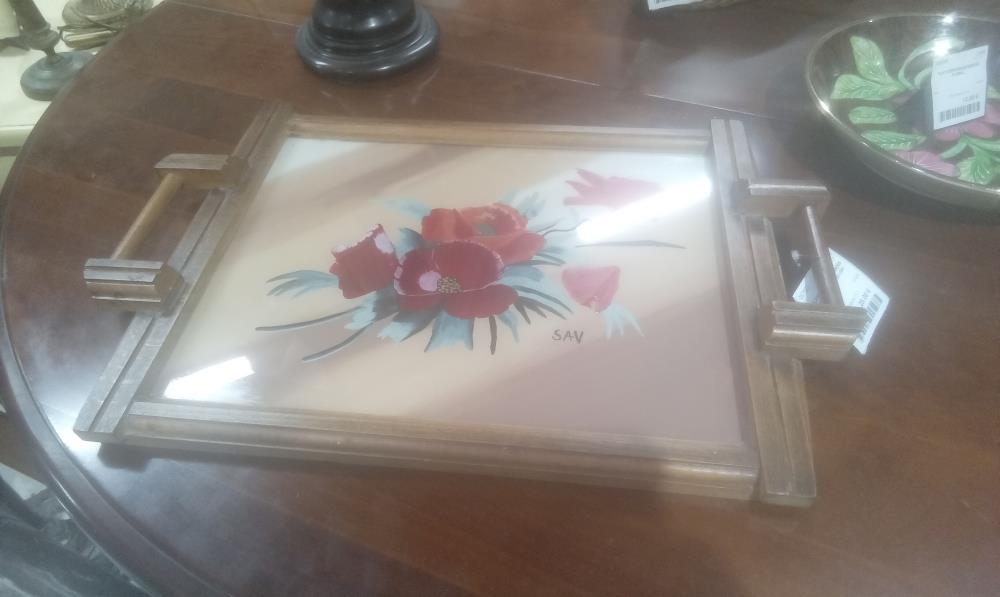 PLATEAU ANNEE 50 2 ANSES BOIS DECOR FLORAL SAV
