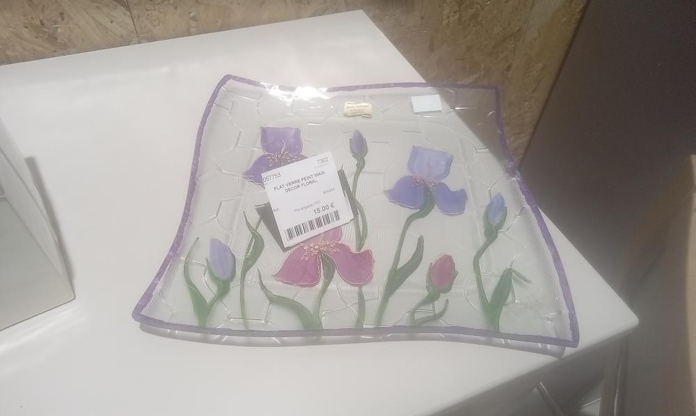 PLAT VERRE PEINT MAIN DECOR FLORAL 