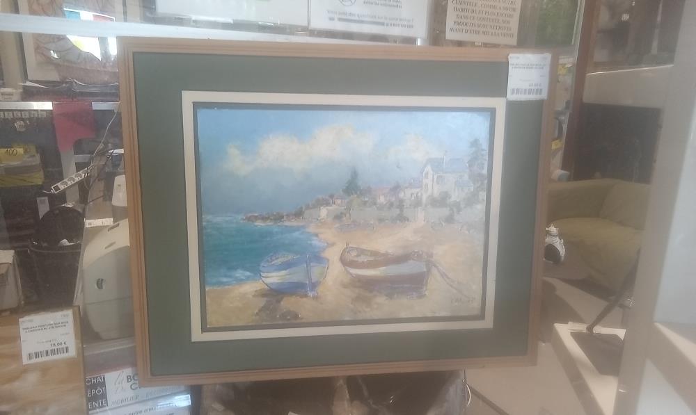 TABLEAU HUILLE SUR BOIS LES 2 BARQUES SIGNE CALONE