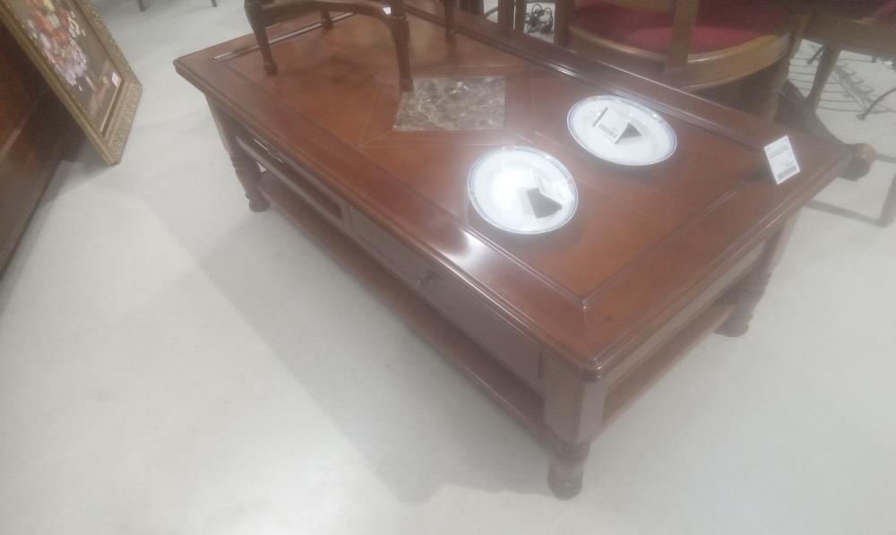 TABLE BASSE MERISIER MASSIF+MARBRE+2 TIROIRS