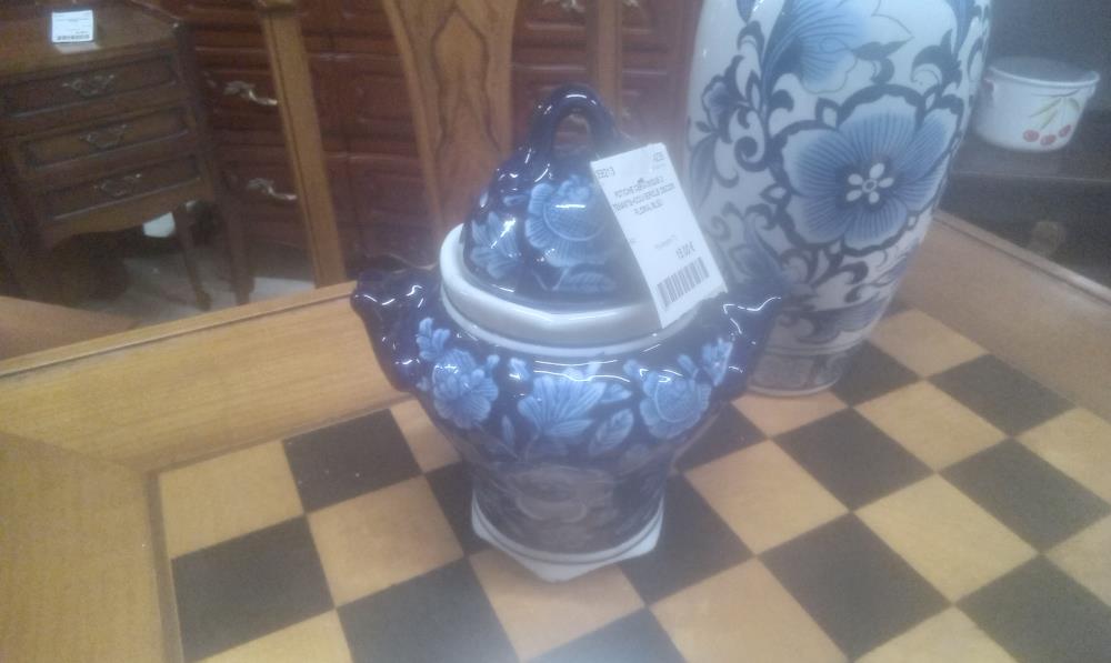 POTICHE CERAMIQUE 2 TENANTS+COUVERCLE DECOR FLORAL BLEU