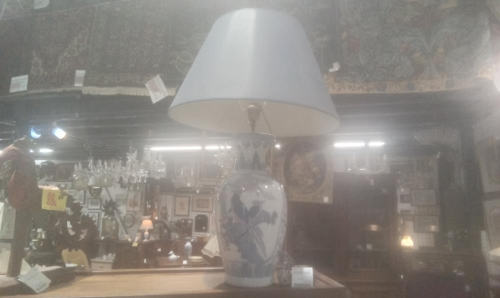 LAMPE CERAMIQUE DECOR ASIATIQUE+ABATJOUR GRIS