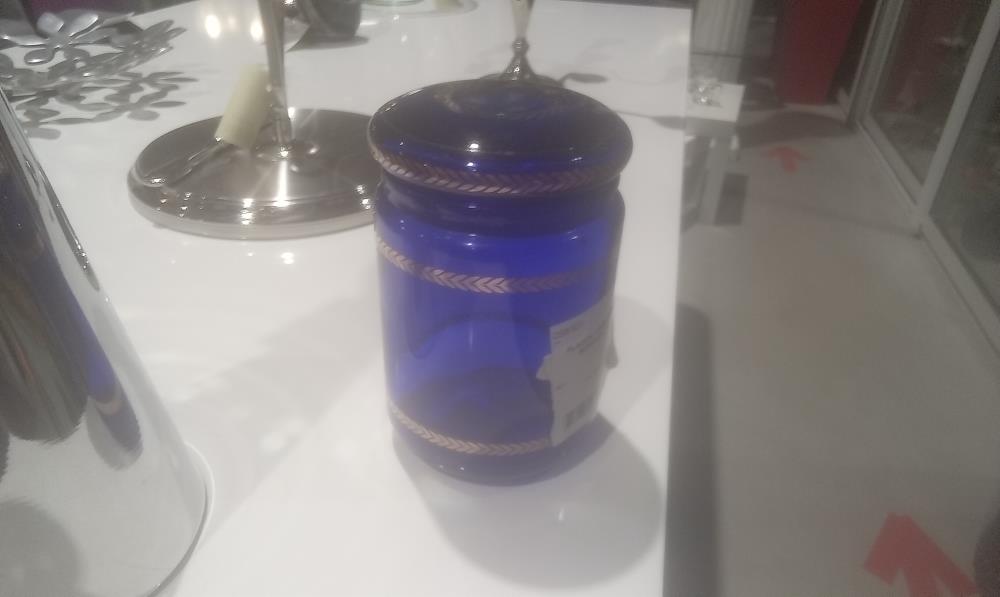 FLACON VERRE BLEU ET BORDURE DOREE
