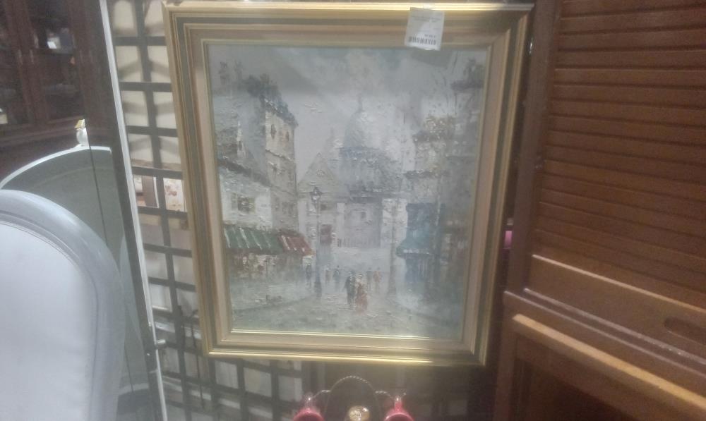 TABLEAU HST VUE DE PARIS CADRE DORE ET VERT