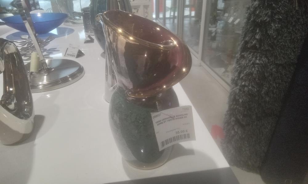 VASE CERAMIQUE BORDURE DORE ET VERTE ANNEE 60