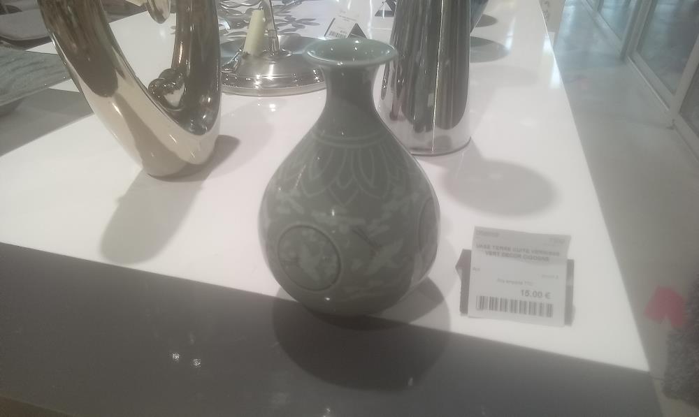 VASE TERRE CUITE VERNISSE VERT DECOR CIGOGNE