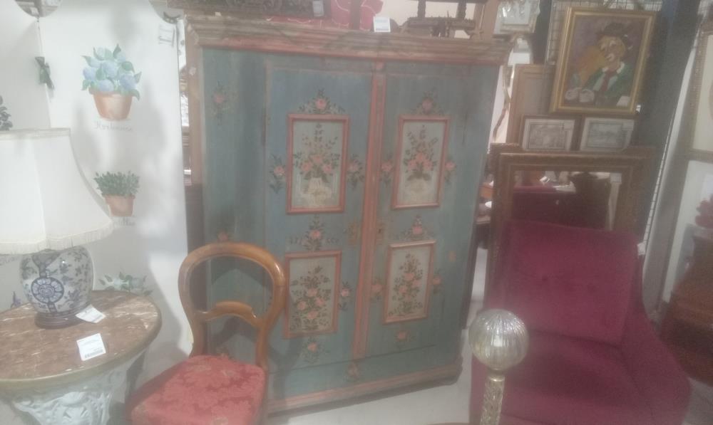 ARMOIRE PEINTE 2 PORTES  BOUQUET FLORAL EN L'ETAT DEBUT XXIEME+CLEF