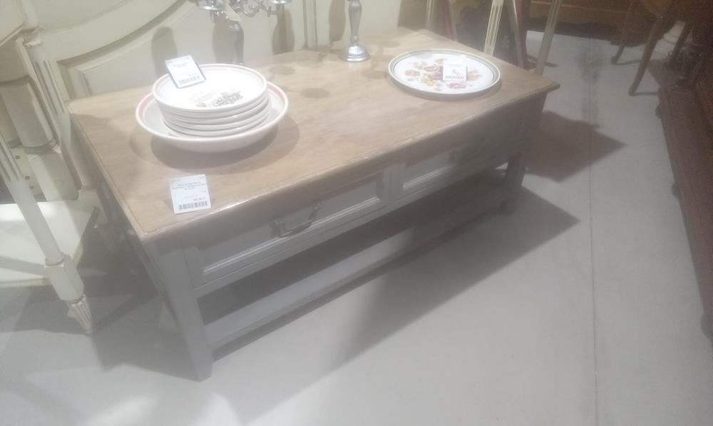 TABLE BASSE PEINTE RUSTIQUE 2 TIROIRS+PLATEAU EN L'ETAT