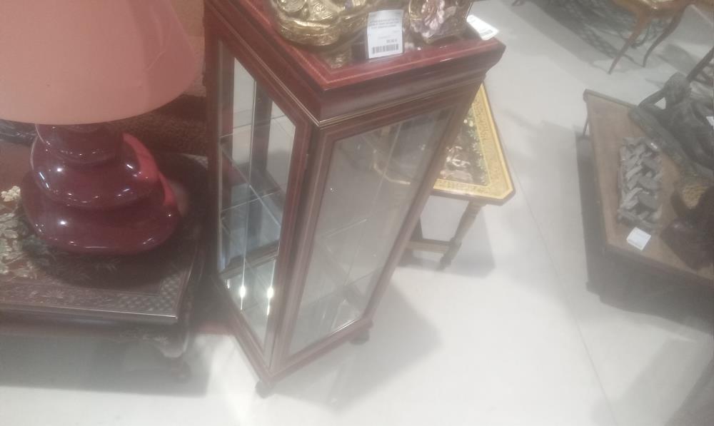 VITRINE SUR ROULETTE PM VERRE ET BORD ROUGE AVEC FILET DORE+ECLAIRAGE