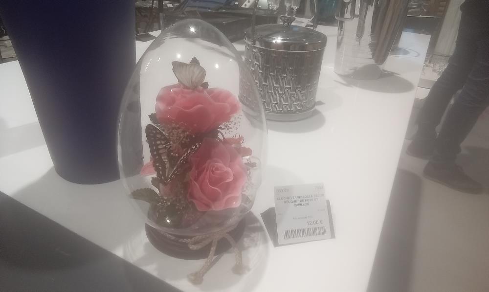 CLOCHE VERRE+SOCLE DECOR BOUQUET DE ROSE ET PAPILLON