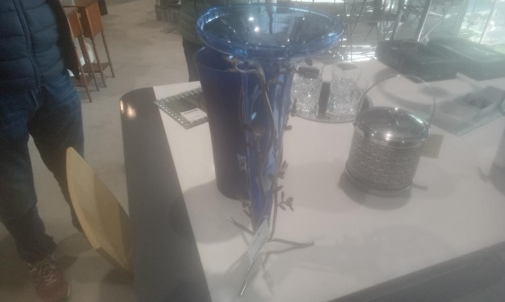 SOLIFLORE VERRE BLEU ET SUPPORT METAL