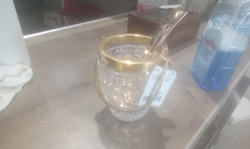 SEAU A GLACON CRISTAL ET ANSE DORE+CUILLIERE