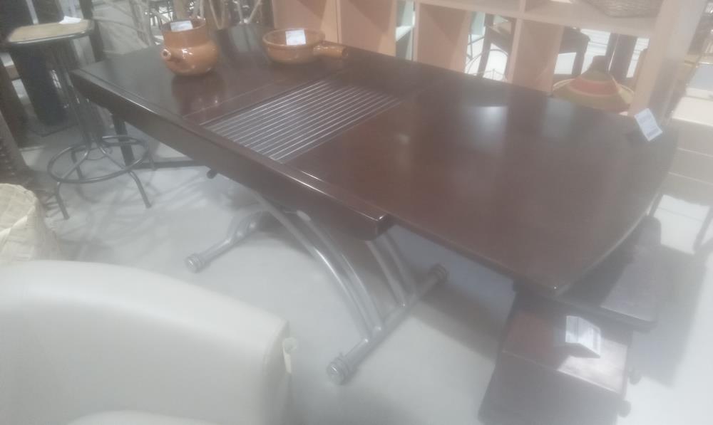 TABLE DESIGN PLATEAU WENGE +2ALLONGES+PIED METAL MONTE ET BAISSE