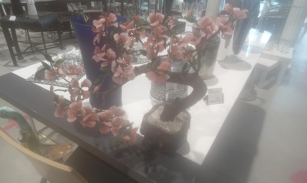 BONSAI EN FLEUR STYLE ASIATIQUE EN RESINE ET VERRE