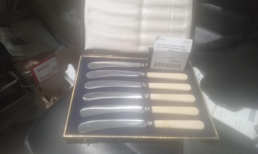 LOT DE 6 COUTEAUX  DONT 1 EN L'ETATA DESSERT DANS ECRIN