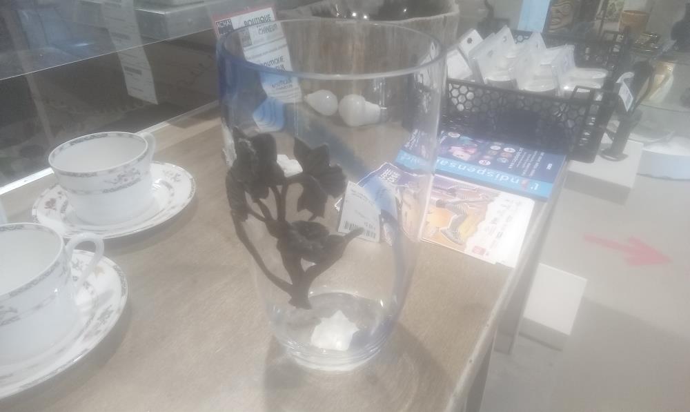VASE VERRE AVEC DECOR LAITON ET TRAIT BLEU