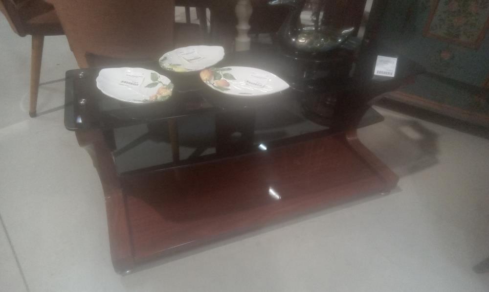 MEUBLE TV DESIGN VERRE FUME +TABLETTE TEINTEE ACAJOU