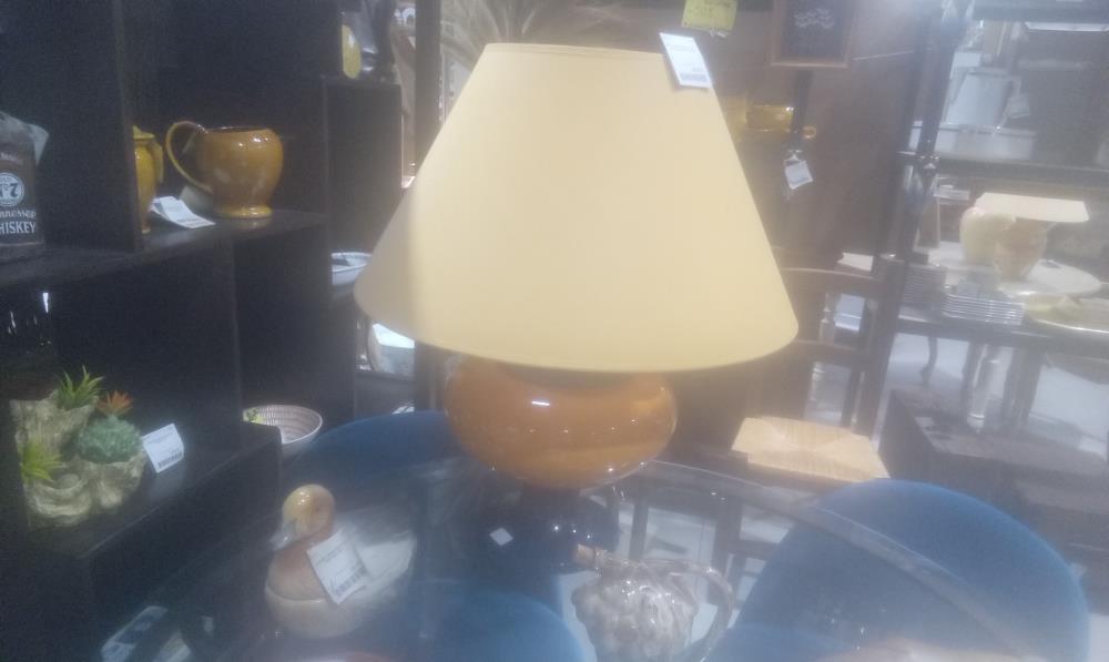 LAMPE CERAMIQUE GM PIED 2 TONS+ABATJOUR JAUNE