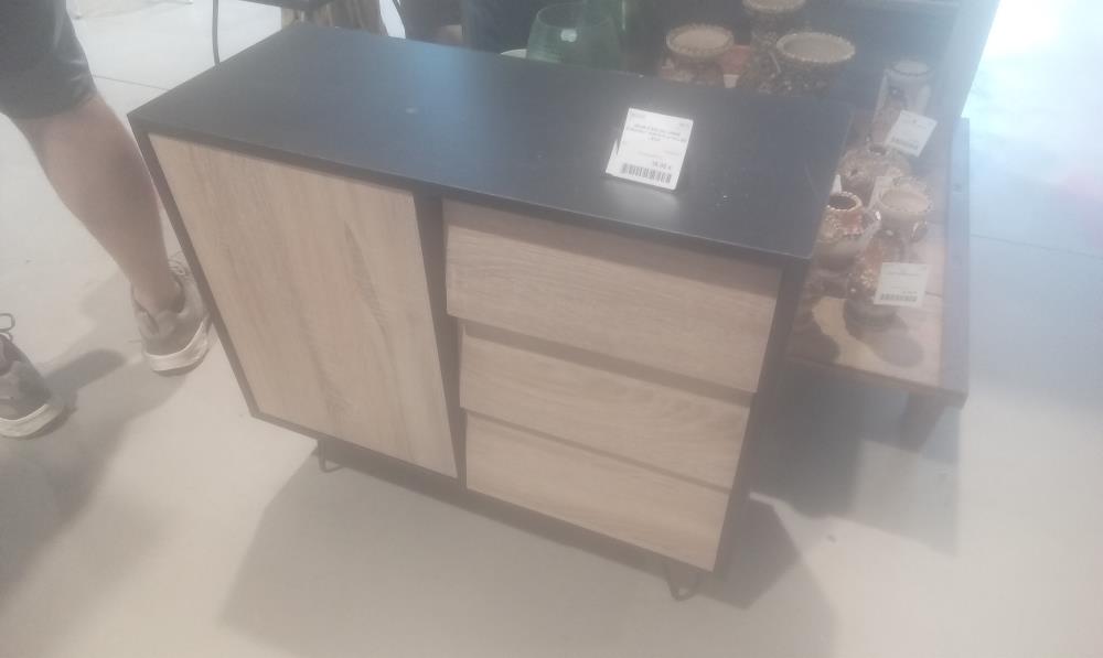 MEUBLE BAS MELAMINE 3TIROIRS+1 PORTE PLATEAU EN L'ETAT