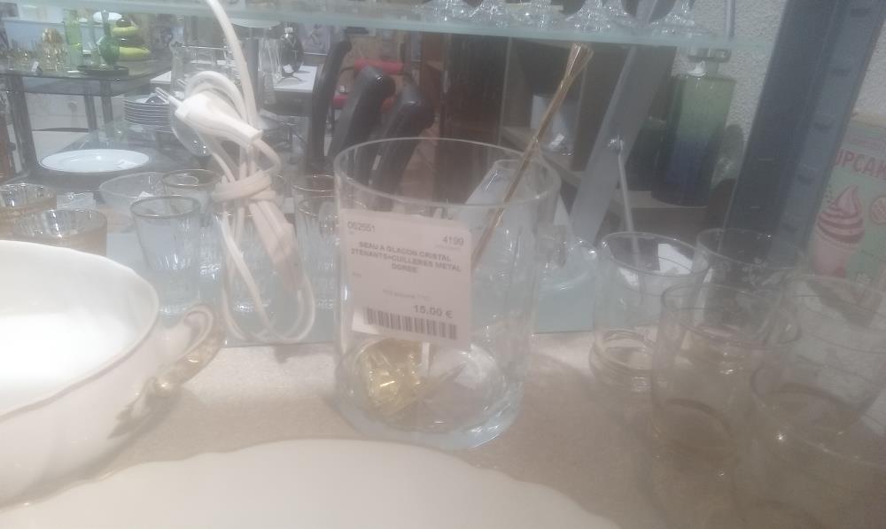 SEAU A GLACON CRISTAL 2TENANTS+CUILLERES METAL DOREE