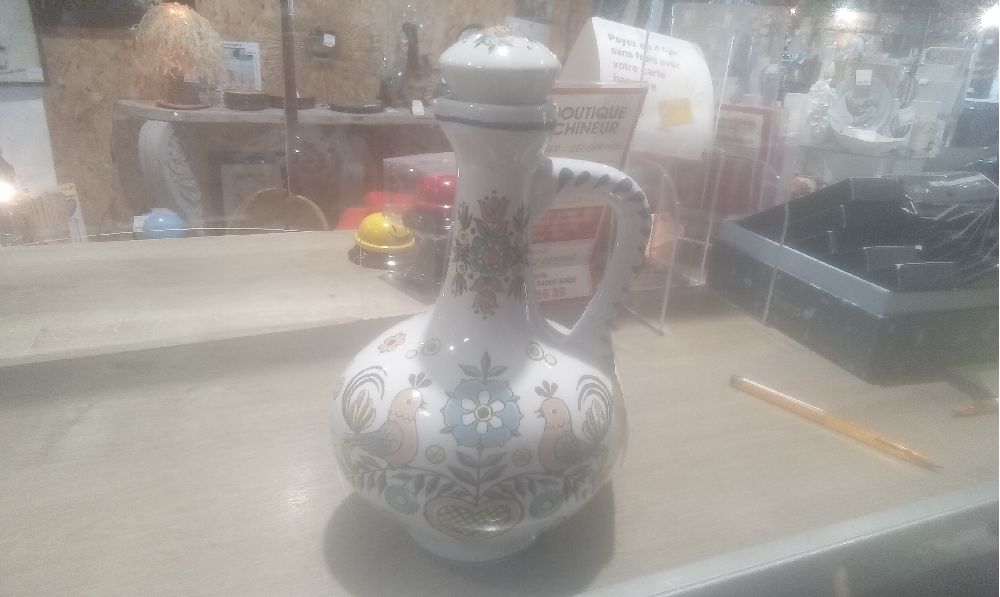 BOUTEILLE CERAMIQUE+BOUCHON +1 ANSE DECOR FLORAL ET OISEAU KERAMIC
