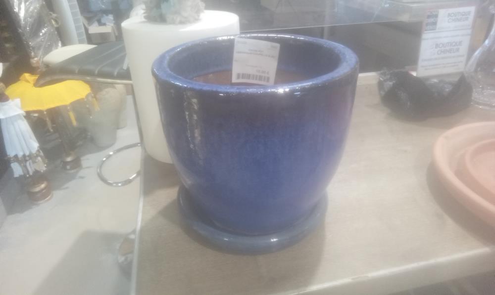 CACHE POT CERAMIQUE+COUPELLE BLEU