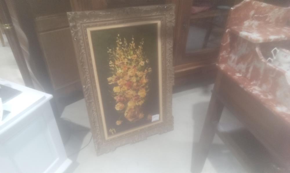 TABLEAU HST BOUQUET PEINTURE AU COUTEAU CADRE DORE SCULPTE