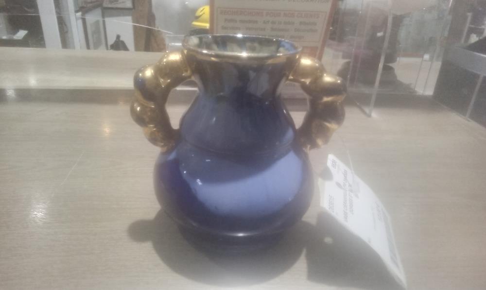 VASE CERAMIQUE PM 2ANSES DOREES ET BLEU